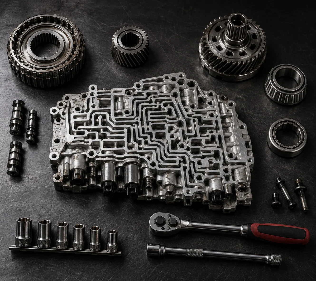 Overhead view of transmission components arranged on a workbench