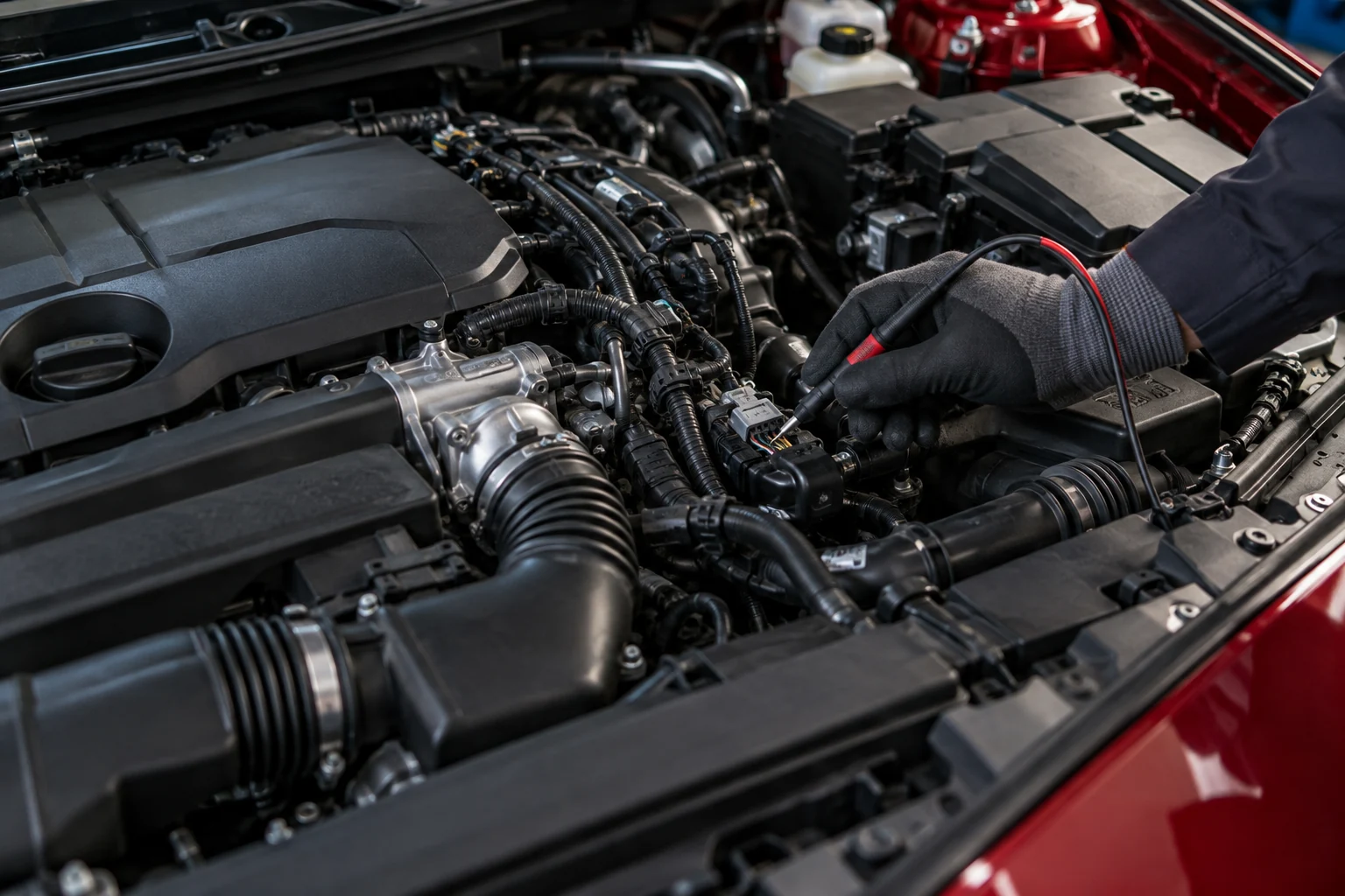 Diagnostic probe checking a connector in an unbranded car engine bay