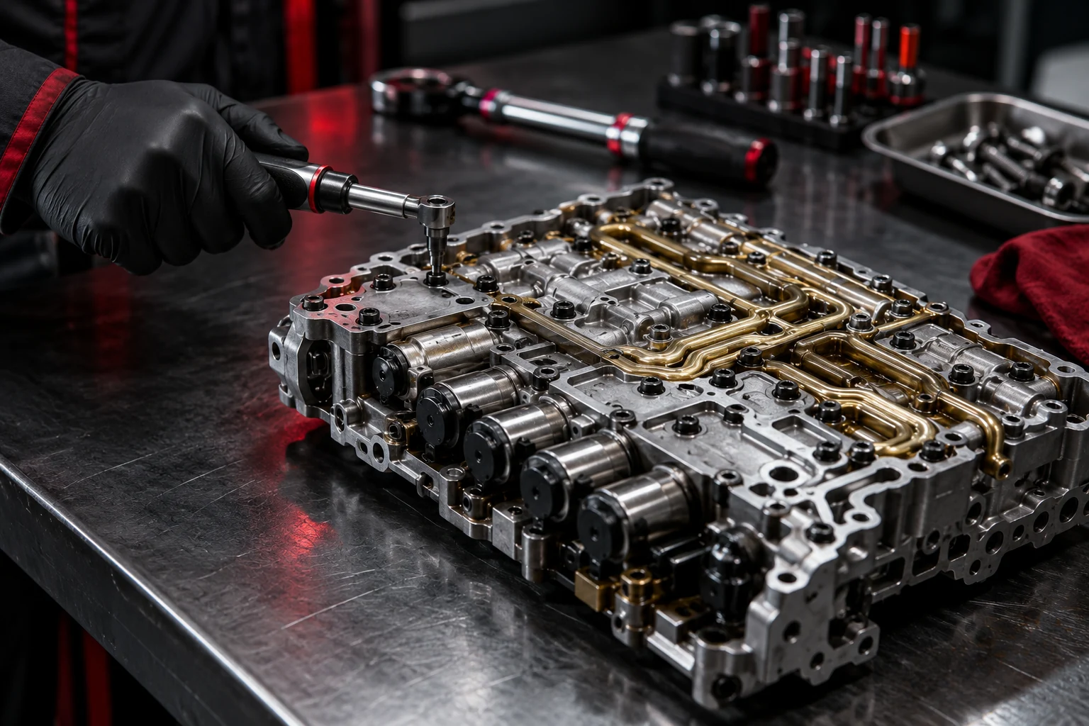 Gloved hand inspecting an automatic transmission valve body on a workbench
