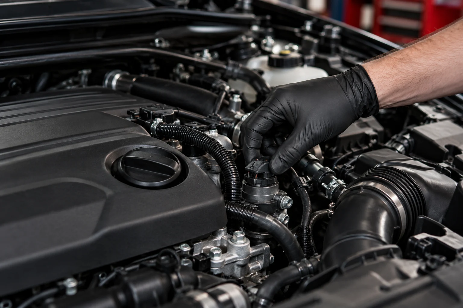 Routine maintenance in an unbranded car engine bay