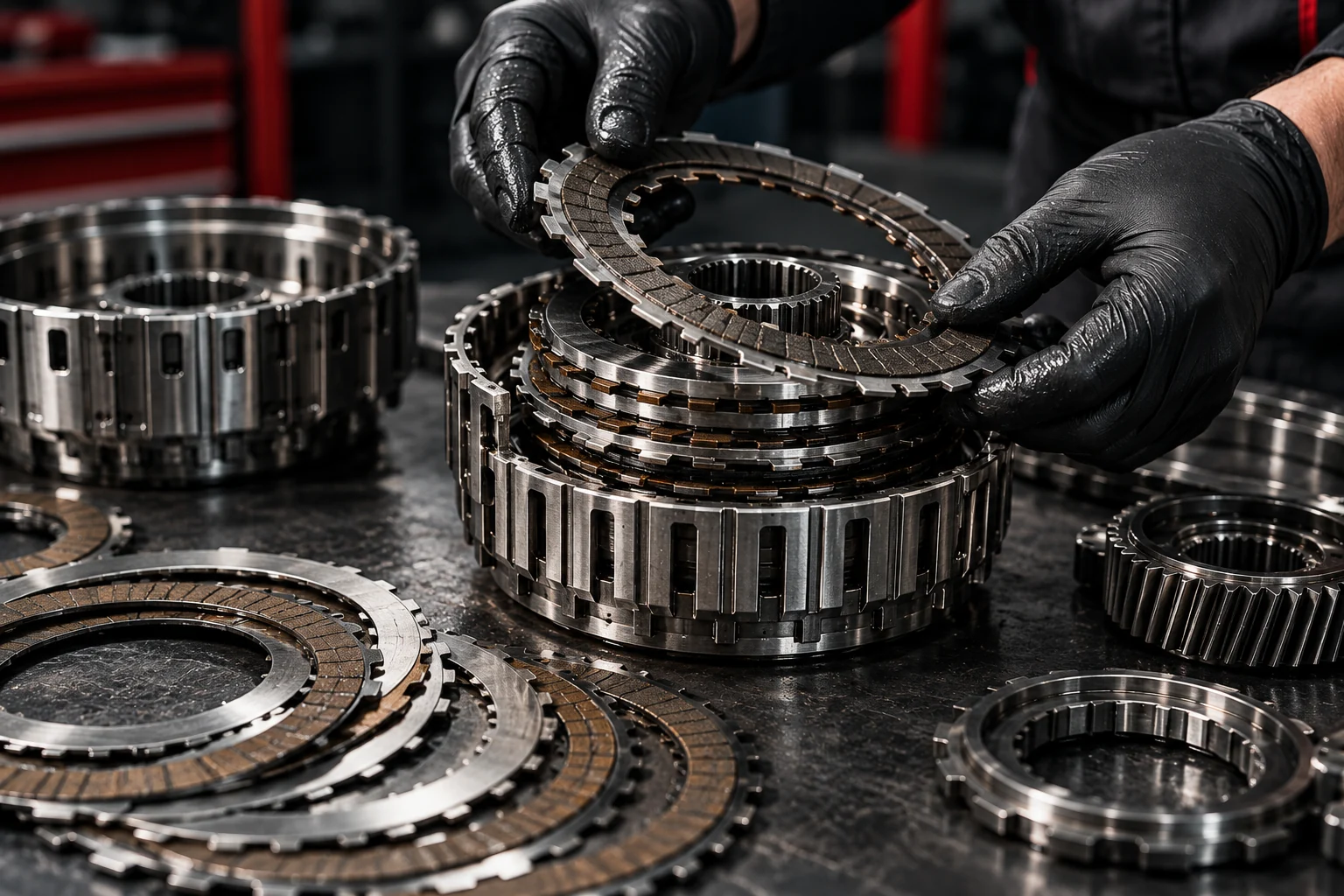 Gloved hands inspecting transmission clutch components